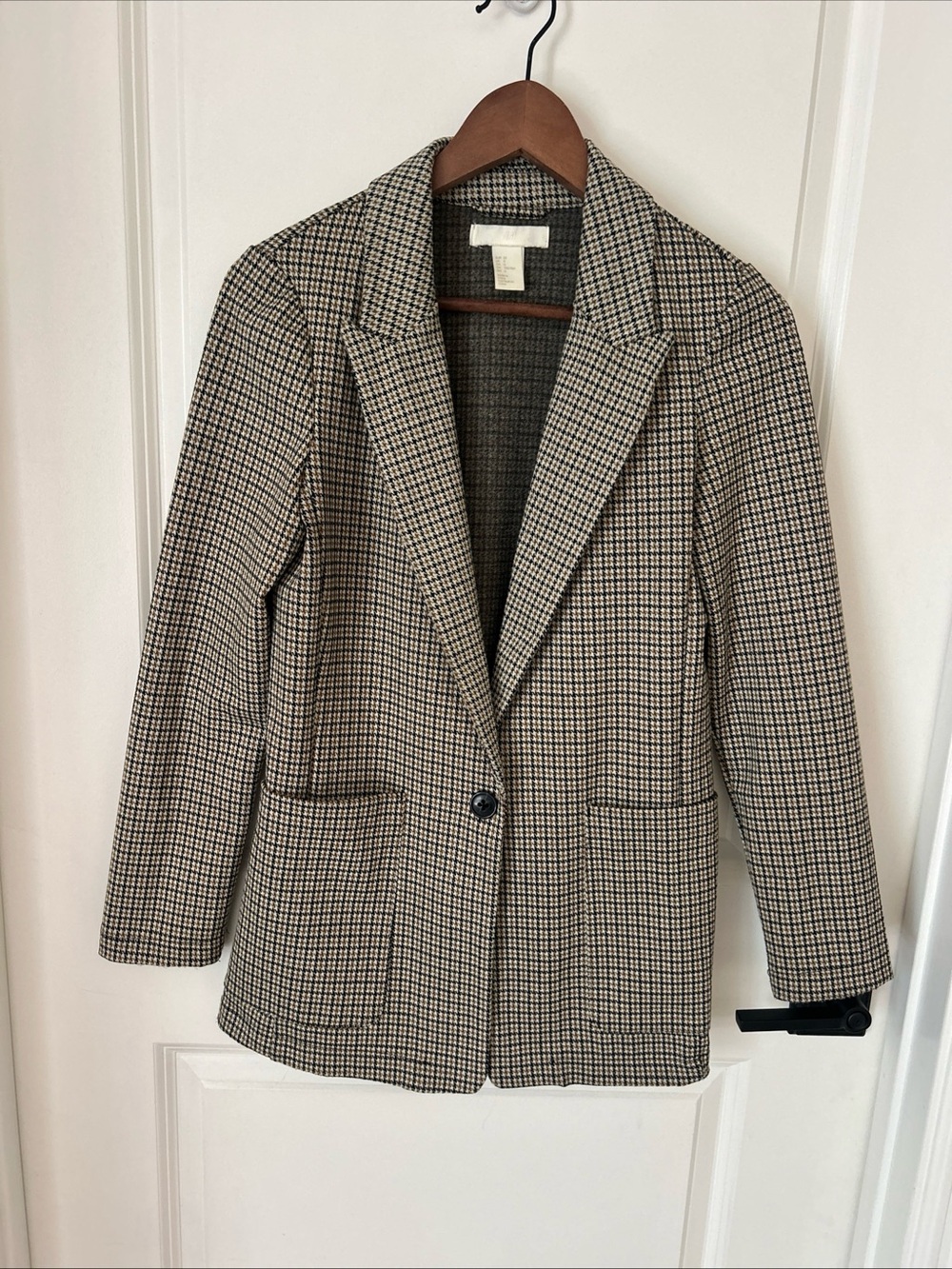 H&M Blazer Women’s Sz 0 Black Tan Houndstooth Knit Blazer Office Equestrian